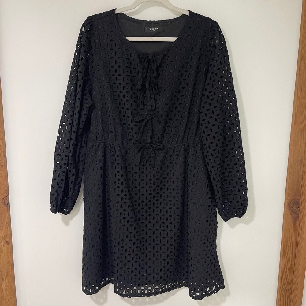 ZESICA Eyelet Dress Womens XL Black Viscose Long Sleeve Bow‎ Tie Front Coquette